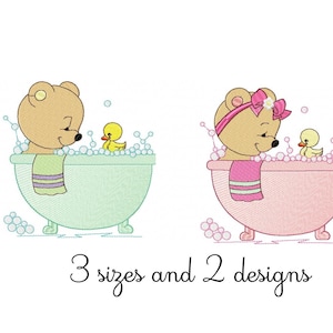 Broderidesign för björnar i badkar - Maskinbroderifil för baby - PES EXP HUS - 4x4 5x7 6x10 hoop - Direkt nedladdning - Broderidesign för nyfödda