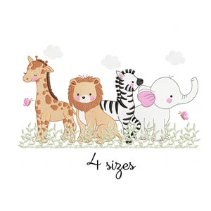 May include: A cute illustration of a giraffe, lion, zebra, and elephant standing in a line. The animals are all cartoon-like and have friendly expressions. The background is white with a few clouds. The text "4 sizes" is below the animals.