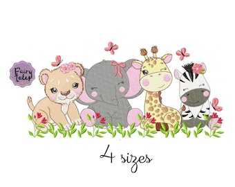 Safari Girl Embroidery Design - Baby Machine Embroidery File - PES JEF HUS - 4x4 5x7 6x10 hoop - Instant Download - Animals Embroidery