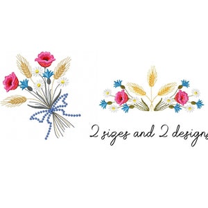 Könnte beinhalten: Zwei Stickmuster mit einem Strauß aus rosa und weißen Blumen mit Weizenähren und einem blauen Band sowie einem Blumenarrangement mit Weizenähren. Der Text "2 Größen und 2 Designs" ist im Bild enthalten.