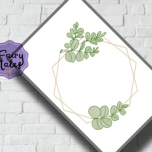 May include: A white paper with a gold geometric frame and green embroidered eucalyptus leaves. The design includes the text "Fairy Tales" in a purple badge with a crescent moon and stars.