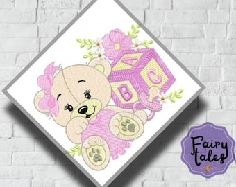 Cute Bear Toys Girl projekt haftu, maszyna do projektowania haftów dla dzieci, wzór haftu zwierząt, natychmiastowe pobieranie pliku, haft noworodka