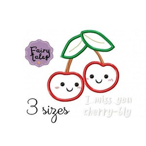 Pode incluir: Duas cerejas vermelhas com rostos sorridentes e caules verdes. O texto "I miss you cherry-sly" está abaixo das cerejas.