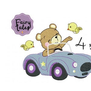 Bear Car Embroidery Design - Baby Machine Embroidery File - PES JEF HUS - 4x4 5x7 6x10 hoop - Instant Download - Nursery Embroidery
