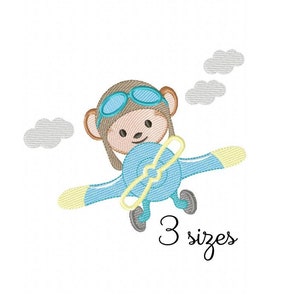 Monkey Aviator embroidery design, airplane embroidery machine, boys embroidery pattern, file instant download, baby embroidery design