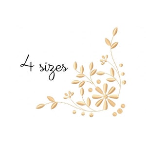 Könnte beinhalten: Ein goldenes Blumenmuster mit dem Text "4 Größen" in Schwarz.