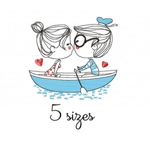 Couple Boat Embroidery Design - Valentines Machine Embroidery File - PES EXP HUS - 4x4 5x7 6x10 hoop - Instant Download - Love Embroidery