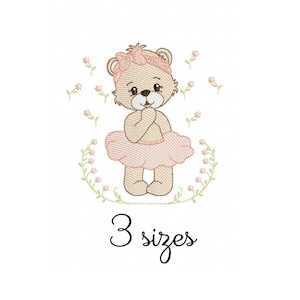 Bear Ballerina Flowers embroidery design, girl embroidery design machine, baby embroidery pattern file instant download, newborn embroidery