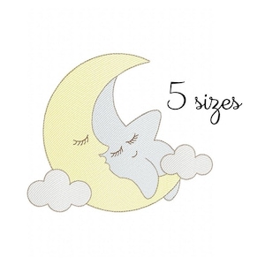 Pode incluir: Uma lua crescente amarela com um olho fechado e uma pequena estrela cinza com um olho fechado e um sorriso, ambas em uma nuvem branca. O texto "5 tamanhos" está escrito em preto.