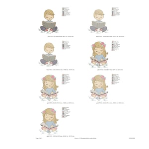 May include: A set of six embroidery designs featuring children reading books. The designs include a boy and a girl, each with different hair styles and clothing. The designs are perfect for creating personalized gifts or adding a touch of whimsy to your home decor.