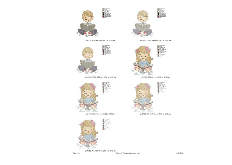 May include: A set of six embroidery designs featuring children reading books. The designs include a boy and a girl, each with different hair styles and clothing. The designs are perfect for creating personalized gifts or adding a touch of whimsy to your home decor.