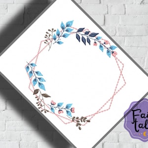 Può includere: Un'illustrazione digitale di una ghirlanda floreale con fiori e foglie blu e rosa. La ghirlanda è incorniciata da una forma geometrica rosa.