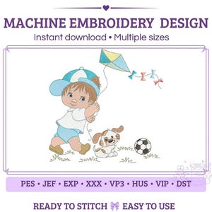Könnte beinhalten: Ein Maschinenstickmuster mit einem Kind in blauer Kappe und weißem Shirt, das einen bunten Drachen steigen lässt, begleitet von einem kleinen braun-weißen Welpen und einem Fußball. Der Text lautet MACHINE EMBROIDERY DESIGN, Instant download, Multiple sizes, READY TO STITCH, EASY TO USE, und listet die Formate PES, JEF, EXP, XXX, VP3, HUS, VIP, DST auf.