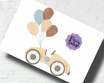 May include: A beige toy car with blue and brown balloons attached to the top. The car has a blue steering wheel and gray wheels. The image includes the text "Fairy Tales".