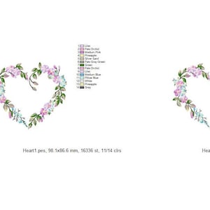 May include: Two embroidered designs of a heart shaped floral wreath with pink, blue, and green flowers. The designs are 80 x 80 mm and 100 x 100 mm.