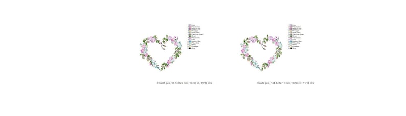 May include: Two embroidered designs of a heart shaped floral wreath with pink, blue, and green flowers. The designs are 80 x 80 mm and 100 x 100 mm.