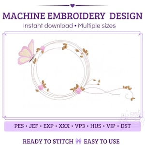 Motif de broderie papillon avec cadre - Fichier de broderie machine florale - PES JEF HUS - Cadres 4x4, 5x7 et 6x10 pouces - Téléchargement instantané - Broderie pour chambre d'enfant