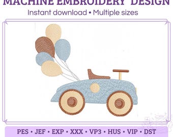 May include: Machine embroidery design featuring a light blue toy car with brown wheels and a seat, carrying a cluster of five balloons in shades of tan, brown, and light blue. The text reads MACHINE EMBROIDERY DESIGN, Instant download, Multiple sizes, PES, JEF, EXP, XXX, VP3, HUS, VIP, DST, READY TO STITCH, EASY TO USE.