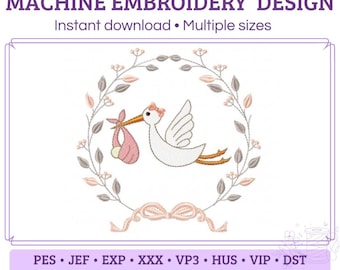 Stork Girl Embroidery Design - Baby Machine Embroidery File - PES JEF HUS - 4x4 5x7 6x10 hoop - Instant Download - Newborn Embroidery Design