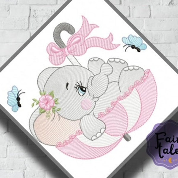 Elephant Girl Umbrella embroidery design, baby embroidery design machine,animals embroidery pattern,file instant download,Newborn embroidery