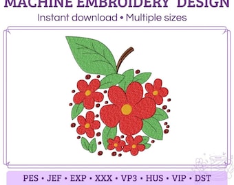 May include: A machine embroidery design featuring a central apple shape composed of red flowers with yellow centers, green leaves, and small brown dots. The text reads MACHINE EMBROIDERY DESIGN, Instant download, Multiple sizes, READY TO STITCH, EASY TO USE, and lists file formats PES, JEF, EXP, XXX, VP3, HUS, VIP, DST.