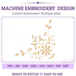 Può includere: Un disegno per ricamo a macchina con un motivo floreale dorato con foglie, steli e piccoli accenti circolari. Il testo recita MACHINE EMBROIDERY DESIGN, Instant download, Multiple sizes, PES, JEF, EXP, XXX, VP3, HUS, VIP, DST, READY TO STITCH, EASY TO USE.