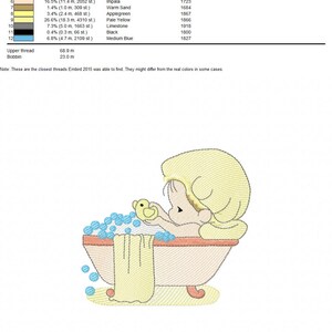 May include: An embroidery design featuring a child with blonde hair in a bathtub with blue bubbles and a yellow rubber duck. The design includes a thread color chart with twelve numbered entries, listing consumption, color names, and Madeira Polyneon codes.