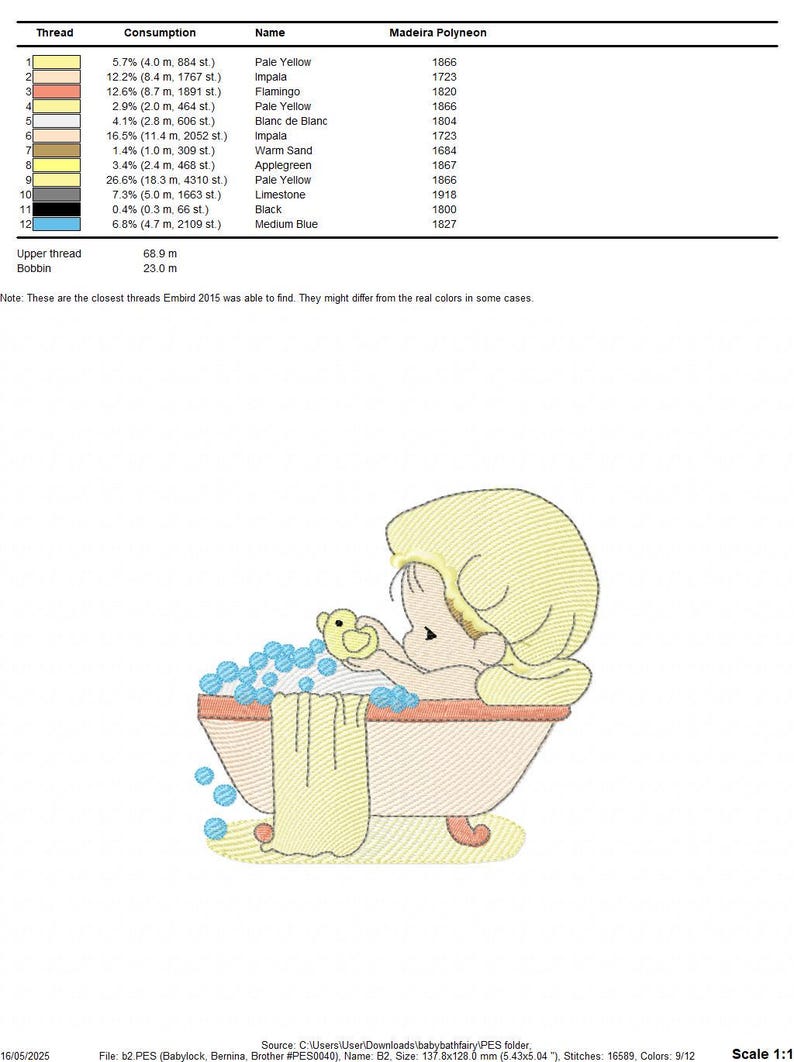 May include: An embroidery design featuring a child with blonde hair in a bathtub with blue bubbles and a yellow rubber duck. The design includes a thread color chart with twelve numbered entries, listing consumption, color names, and Madeira Polyneon codes.