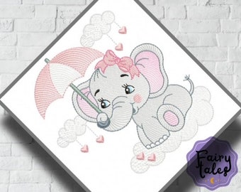 Elephant Girl Umbrella and Clouds embroidery design, baby embroidery design machine,animals embroidery pattern,file instant download