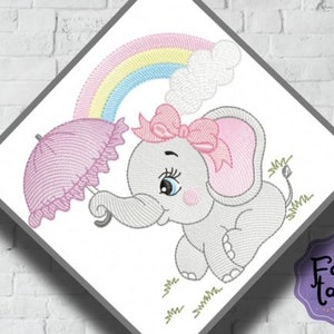 Elephant Girl Umbrella and Rainbow embroidery design, baby embroidery design machine,animals embroidery pattern,file instant download