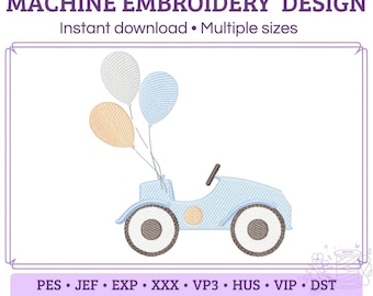 May include: A machine embroidery design featuring a light blue toy car with two large wheels and three balloons in white, light blue, and peach. The text reads MACHINE EMBROIDERY DESIGN, Instant download, Multiple sizes, PES, JEF, EXP, XXX, VP3, HUS, VIP, DST, READY TO STITCH, and EASY TO USE.