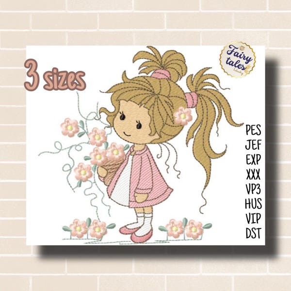 Cute Girl Embroidery Design - Baby Machine Embroidery File - PES DST JEF - 4x4 5x7 6x10 hoop - Instant Download - Nursery Embroidery