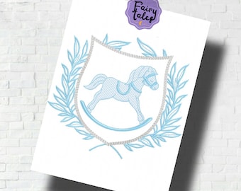 May include: A blue rocking horse embroidery design with a wreath of leaves around it. The design is in a shield shape with a rope border.