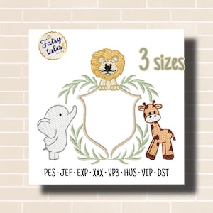 Cute Safari Frame Boy Embroidery Design - Baby Machine Embroidery File - PES EXP HUS - 4x4 5x7 hoop - Instant Download - Digital Design