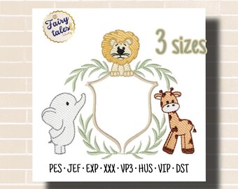 Cute Safari Frame Boy Embroidery Design - Baby Machine Embroidery File - PES EXP HUS - 4x4 5x7 hoop - Instant Download - Digital Design