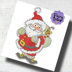 Könnte beinhalten: Stickerei mit dem Weihnachtsmann, der einen Sack mit Geschenken trägt. Er trägt einen roten Anzug mit weißem Besatz, schwarze Stiefel und einen weißen Bart. Er hat einen roten Hut mit einem weißen Bommel. Das Design ist perfekt für Weihnachtsbastelarbeiten und Dekorationen.