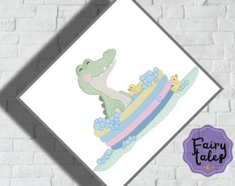 Alligator Bath embroidery designs, baby embroidery design machine, Newborn embroidery pattern, file instant download, animals embroidery