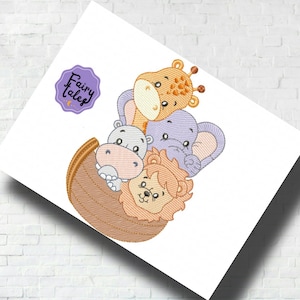 May include: Embroidered design of a giraffe, elephant, hippopotamus, and lion in a brown boat. The animals are all smiling and looking out of the boat. The design is perfect for a baby nursery or children's room.