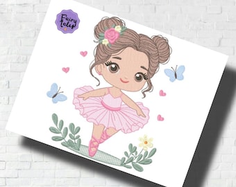 Puede incluir: Un diseño de bordado digital que presenta a una niña bailarina con cabello castaño, un tutú rosa y una corona de flores. El diseño incluye mariposas, corazones y flores.
