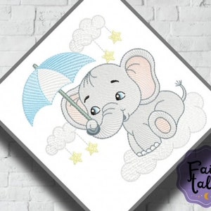 Elephant Umbrella and Clouds embroidery designs, baby embroidery design machine, Animals embroidery pattern, file instant download