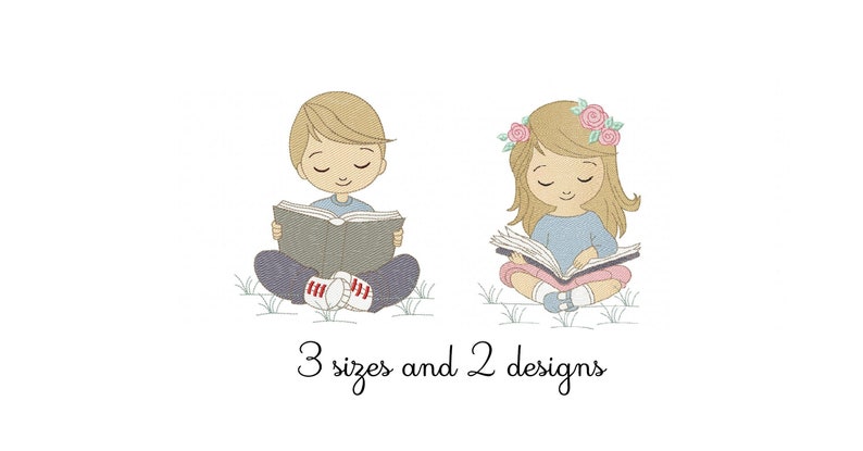 May include: Two children, a boy and a girl, are sitting cross-legged and reading books. The boy is wearing blue pants and red sneakers. The girl is wearing a blue shirt, pink skirt, and a flower crown. Both children have their eyes closed. The text "3 sizes and 2 designs" is below the children.