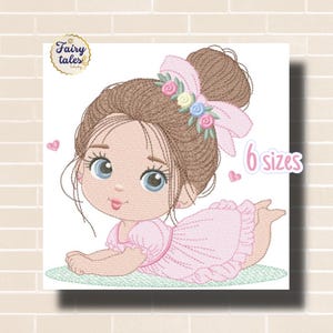 May include: An embroidered design of a cartoon girl in a pink dress and a bun hairstyle, adorned with a bow and flowers. The image includes the text "Fairy tales" and "6 sizes". Two pink hearts are also included.