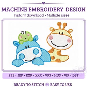 Pode incluir: Um design de bordado à máquina com um hipopótamo azul com um pequeno sapo verde na cabeça e uma girafa amarela com manchas castanhas. O texto diz MACHINE EMBROIDERY DESIGN, Instant download, Multiple sizes, PES, JEF, EXP, XXX, VP3, HUS, VIP, DST, READY TO STITCH, EASY TO USE.