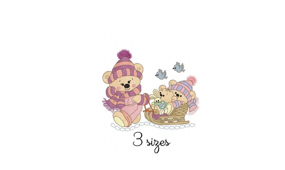 Cute Bear Winter Embroidery Design - Baby Machine Embroidery File - PES JEF HUS - 4x4 5x7 6x10 hoop - Instant Download - Nursery Embroidery
