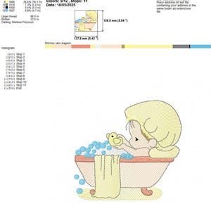 May include: An embroidery design file sheet for a machine featuring a character in a bathtub with a yellow shower cap, holding a yellow rubber duck. The design measures 5.43 by 5.04 inches, contains 16,589 stitches, and uses 9 colors with 11 stops.