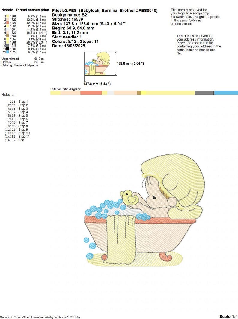May include: An embroidery design file sheet for a machine featuring a character in a bathtub with a yellow shower cap, holding a yellow rubber duck. The design measures 5.43 by 5.04 inches, contains 16,589 stitches, and uses 9 colors with 11 stops.
