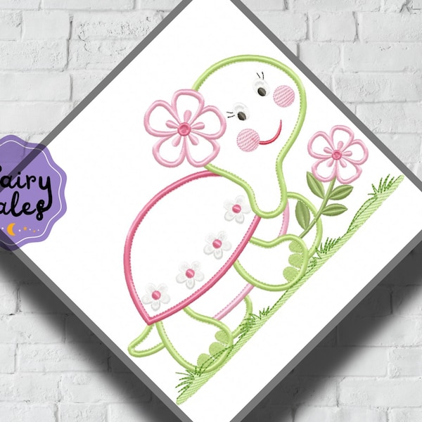 Schattig schildpadmeisje borduurontwerp - Baby machineborduurbestand - PES JEF HUS - 4x4 5x7 6x10 borduurring - Digitale download - Kinderkamerborduurwerk
