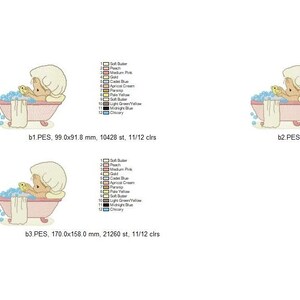 May include: Three digital embroidery designs featuring a cartoon character with blonde hair in a pink bathtub filled with blue bubbles. Each design includes a color chart with labels like Soft Rose, Peach, Medium Gray, Gold, Light Blue, and others, plus dimensions in mm.