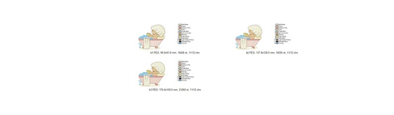 May include: Three digital embroidery designs featuring a cartoon character with blonde hair in a pink bathtub filled with blue bubbles. Each design includes a color chart with labels like Soft Rose, Peach, Medium Gray, Gold, Light Blue, and others, plus dimensions in mm.