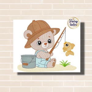 Fishing Bear Embroidery Design - Baby Machine Embroidery File - PES JEF HUS - 4x4 5x7 6x10 hoop - Instant Download - Nursery Embroidery